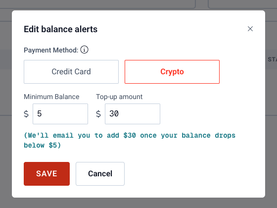 Edit balance alerts with Crypto selected