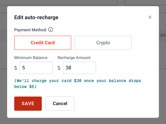 Edit auto-recharge with a credit card selected
