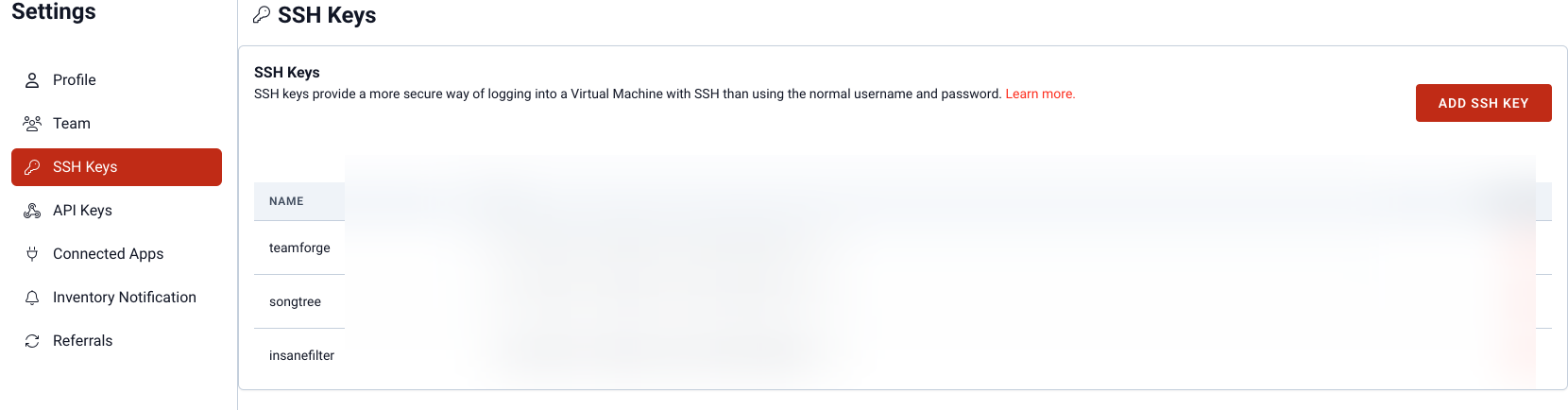 SSH Keys settings