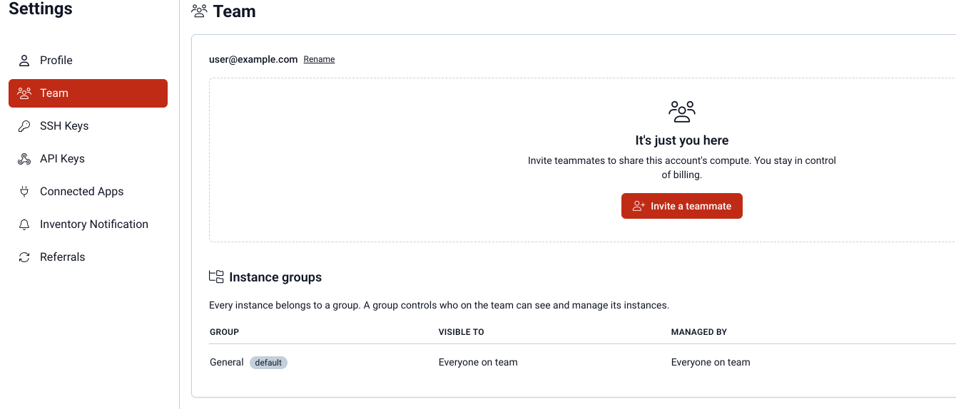 Team settings and instance groups